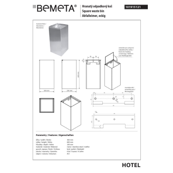 Bemeta Kosz na śmieci kwadratowy 45L - wiszący połysk 101915121$K