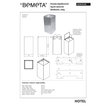 Bemeta Kosz na śmieci kwadratowy 75L - wiszący matowy 101915135$K