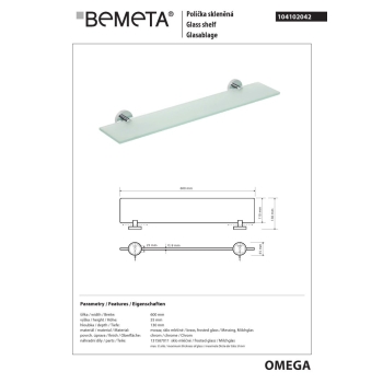 Bemeta OMEGA Półka szklana 600 mm 104102042$K