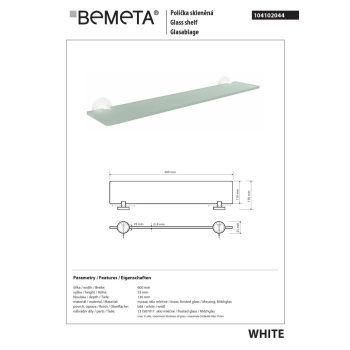 Bemeta WHITE Półka szklana 600 mm 104102044$K