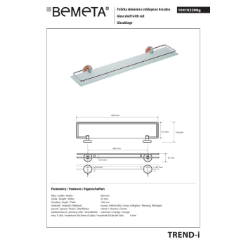 Bemeta TREND-I Półka szklana ze składanym relingiem pomarańczowa 104102208g$K