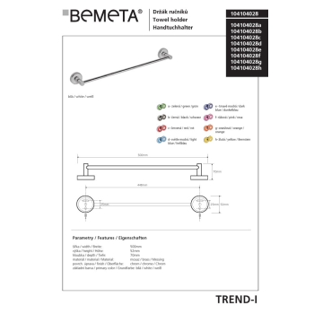 Bemeta TREND-I Wieszak na ręczniki 450 mm czerwony 104104028c