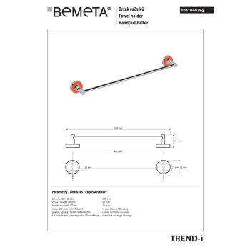 Bemeta TREND-I Wieszak na ręczniki 450 mm pomarańczowy 104104028g