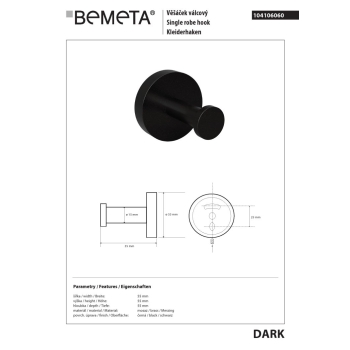 Bemeta DARK Wieszak pojedynczy 104106060
