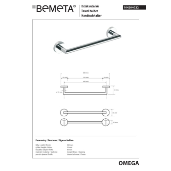 Bemeta OMEGA Wieszak na ręcznik 450 mm 104204022