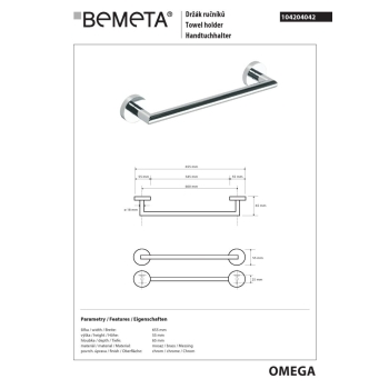 Bemeta OMEGA Wieszak na ręcznik 600 mm 104204042$K