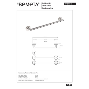 Bemeta NEO Wieszak na ręcznik 600 mm 104204045$K