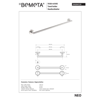 Bemeta NEO Wieszak na ręcznik 450 mm 104204125