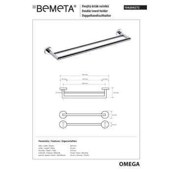 Bemeta OMEGA Podwójny wieszak na ręczniki 800 mm 104204272$K