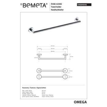 Bemeta OMEGA uchwyt 600 mm średnica 25 mm 104204342$K