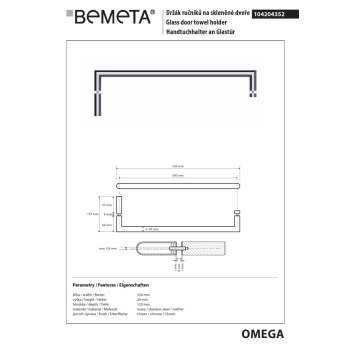 Bemeta OMEGA Wieszakt na ręcznik do szklanych drzwi 500 mm 104204352