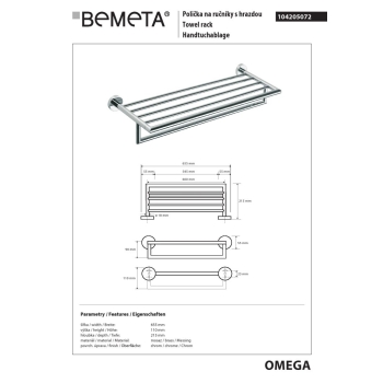 Bemeta OMEGA Wieszak na ręczniki z relingiem 600 mm 104205072$K