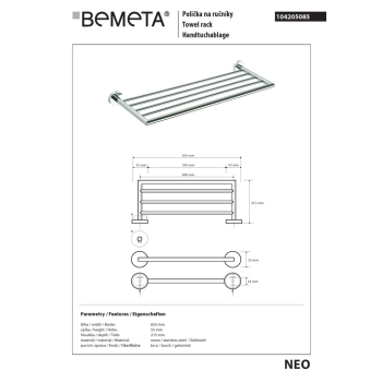 Bemeta NEO Wieszak na ręczniki 600 mm 104205085$K