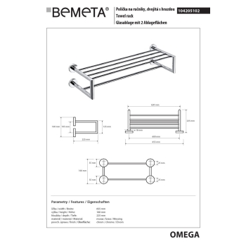 Bemeta OMEGA Podwójny wieszak na ręczniki z relingiem 600 mm 104205102$K