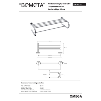 Bemeta OMEGA Wieszak na ręczniki typ U z drążkiem 600 mm 104205172$K