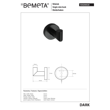 Bemeta DARK Wieszak pojedynczy 104206020