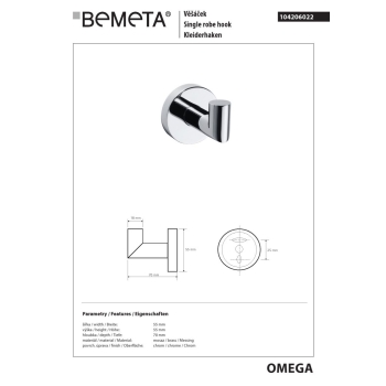 Bemeta OMEGA Wieszak pojedynczy 104206022