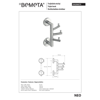 Bemeta NEO Potrójny hak obrotowy 104206075