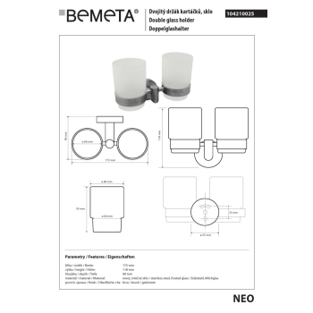 Bemeta NEO podwójny uchwyt wiszący z kubkami 104210025