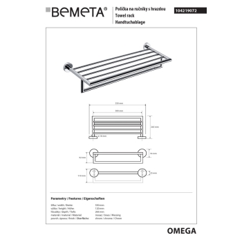Bemeta OMEGA Wieszak na ręczniki z drążkiem 500 mm 104219072