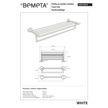 Bemeta WHITE wieszak na ręczniki z drążkiem 500mm 104219074