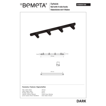 Bemeta DARK Wieszak 4-hakowy 104606100