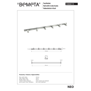 Bemeta NEO wieszak 6-hakowy 104606115