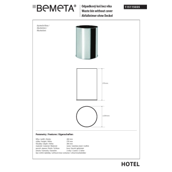 Bemeta Kosz na śmieci bez pokrywy 9L stal nierdzewna matowa 115115035