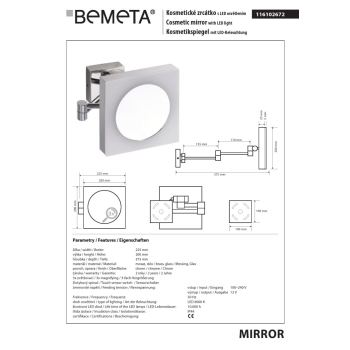 Bemeta Kwadratowe lusterko kosmetyczne LED czujnik dotykowy 116102672