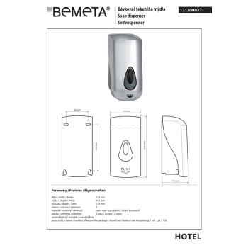 Bemeta Dozownik mydła 1000 ml ręczny szary plastik 121209037