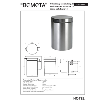 Bemeta Kosz na śmieci 3L - wiszący stal nierdzewna mat 125115055