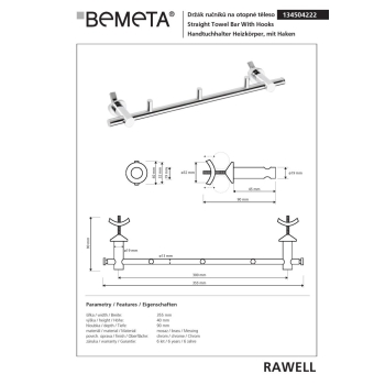 Bemeta RAWELL prosty regulowany wieszak na ręcznik z haczykami 134504222