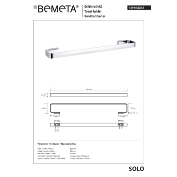 Bemeta SOLO Wieszak na ręcznik 600 mm 139104282$K