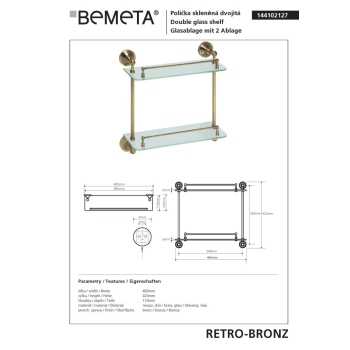 Bemeta RETRO Bronze Podwójna szklana półka 144102127$K