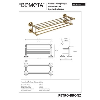 Bemeta RETRO Bronze Podwójny wieszak na ręczniki z drążkiem 144102257$K