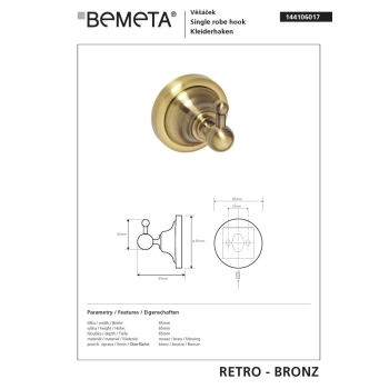 Bemeta RETRO bronze Wieszak pojedynczy 144106017