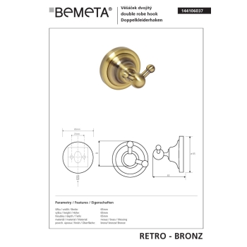 Bemeta RETRO bronze Wieszak podwójny 144106037