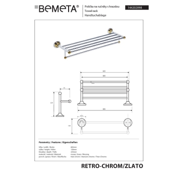 Bemeta RETRO gold/chrome Wieszak na ręczniki z drążkiem 144202098$K