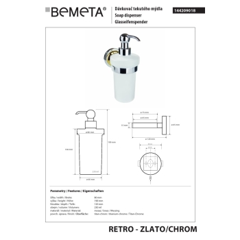 Bemeta RETRO gold-chrome Dozownik mydła 230 ml 144209018