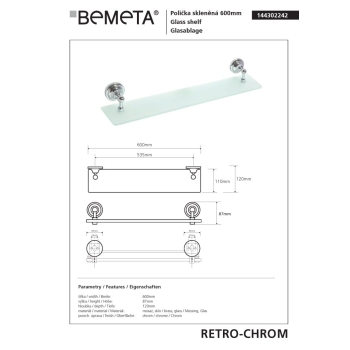 Bemeta RETRO chrom Półka szklana 144302242$K