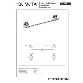Bemeta RETRO chrom Wieszak na ręcznik 600 mm 144304042$K