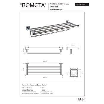 Bemeta TASI Wieszak na ręczniki z relingiem 600 mm 154105262$K