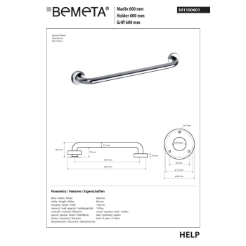 Bemeta HELP Uchwyt 600 mm stal nierdzewna połysk 301100601$K