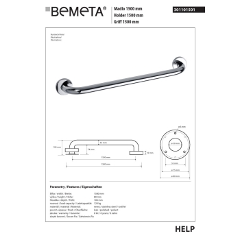 Bemeta HELP Uchwyt 1500 mm połysk 301101501$K