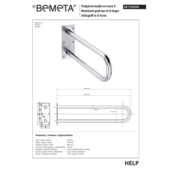 Bemeta HELP Uchwyt w kształcie litery U 850 mm stal nierdzewna szlifowana 301102042$K