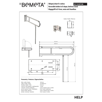 Bemeta HELP Składany uchwyt w kształcie litery U z nogą podporową 600 mm szlifierka ze stali nierdzewnej 301102072N$K