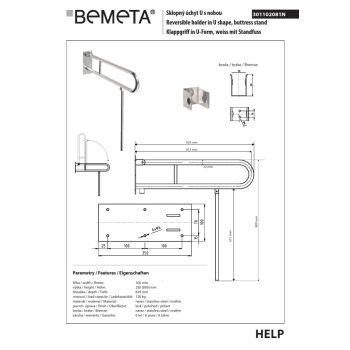 Bemeta HELP Składany uchwyt w kształcie litery U z nogą podporową 813 mm stal nierdzewna 301102081N$K