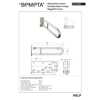 Bemeta HELP Uchwyt składany w kształcie litery U 813 mm stal nierdzewna 301102081$K