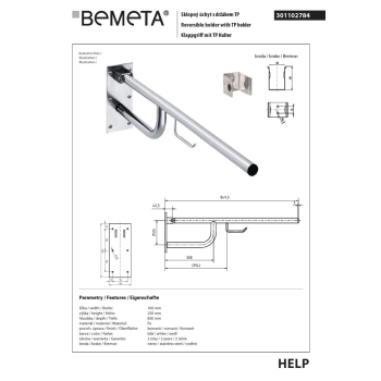 Bemeta HELP Uchwyt składany 850mm biały z uchwytem TP 301102784$K