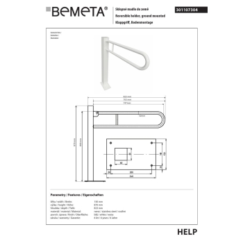 Bemeta HELP Składana rączka 750 mm kolor biały 301107304$K